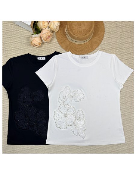 T-shirt con fiori ricamati sul lato