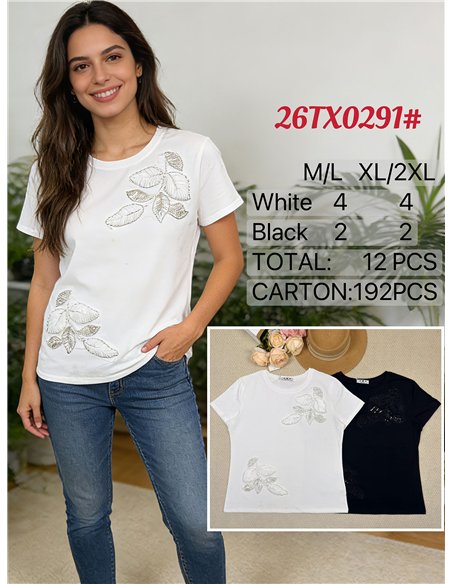 Camiseta hojas bordadas abalorios