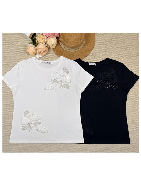 Camiseta hojas bordadas abalorios
