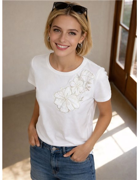 Besticktes Blumen-T-Shirt mit Schulterdetail