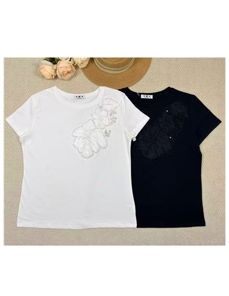Besticktes Blumen-T-Shirt mit Schulterdetail