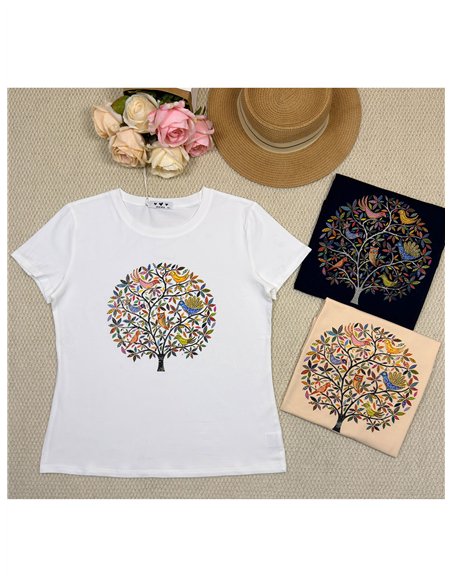 T-Shirt mit mehrfarbigem Baum-Print