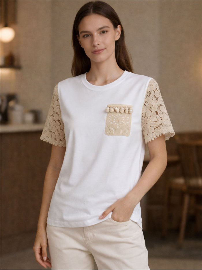 Camiseta manga crochet detalle bolsillo