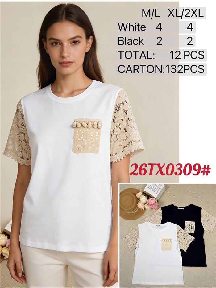 Camiseta manga crochet detalle bolsillo