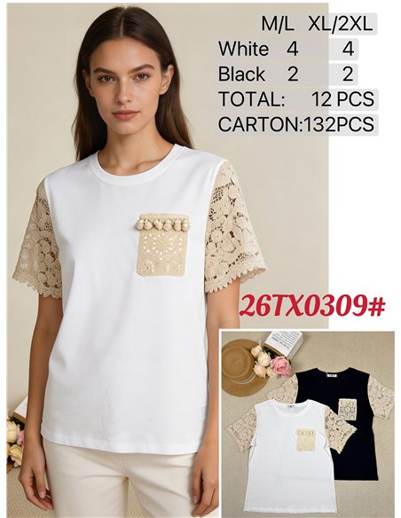 Camiseta manga crochet detalle bolsillo