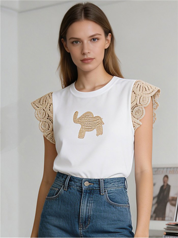 Top manga crochet elefante bordado