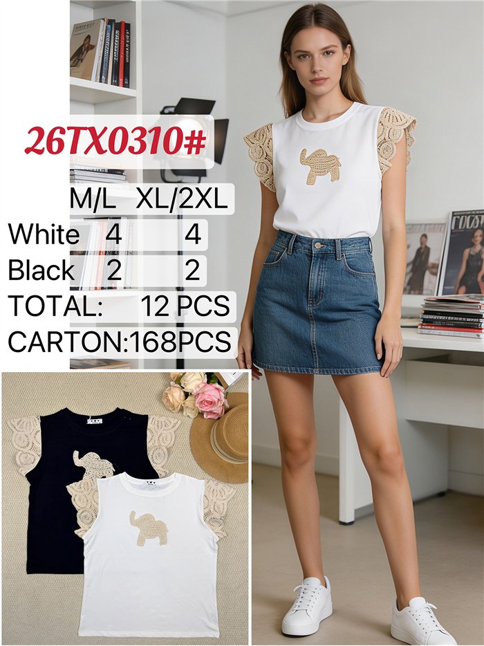 Top manga crochet elefante bordado