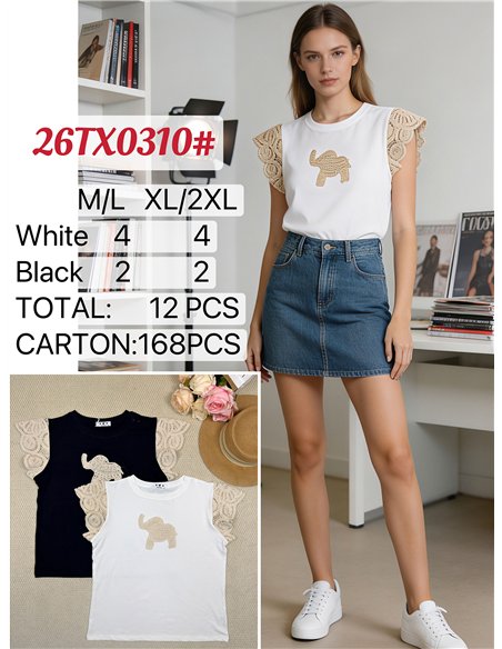 Top manga crochet elefante bordado