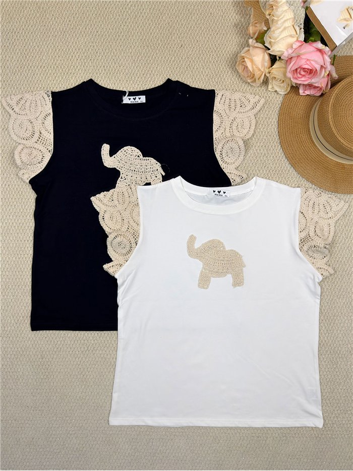 Top manga crochet elefante bordado