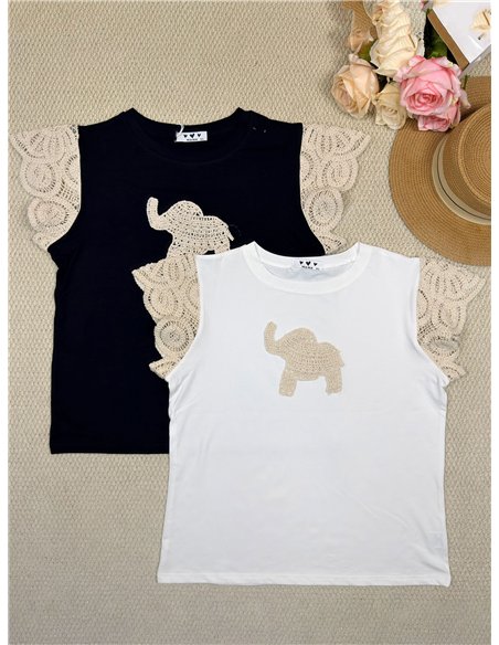 Top manga crochet elefante bordado