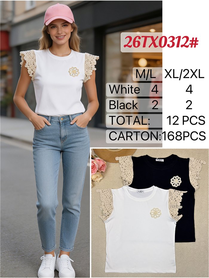 Top manga crochet aplique floral