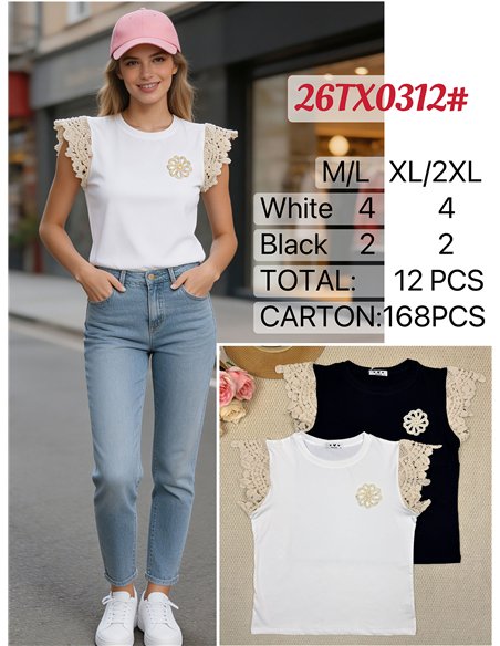 Top manga crochet aplique floral