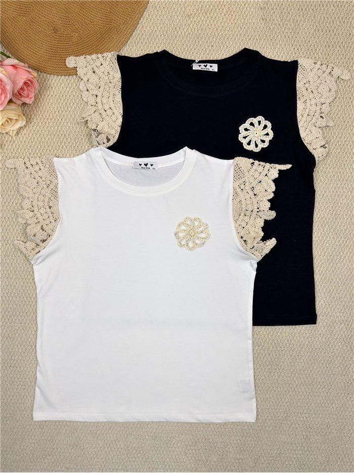 Top manga crochet aplique floral