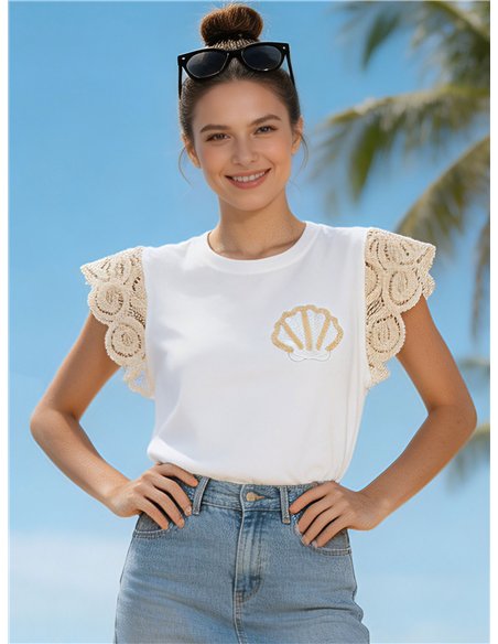 Top manga crochet concha bordada