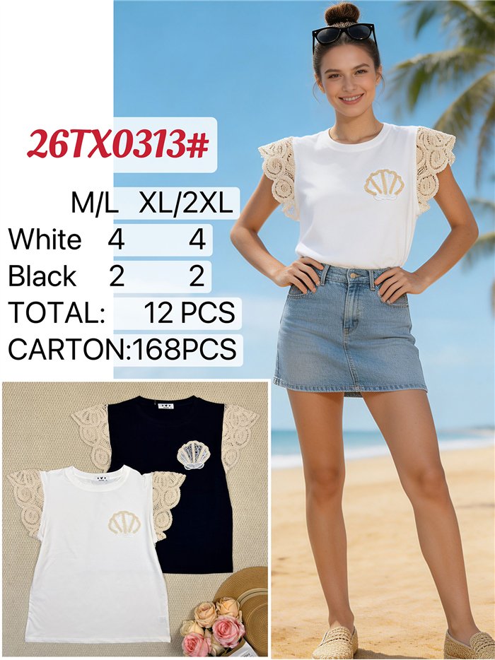 Top manga crochet concha bordada