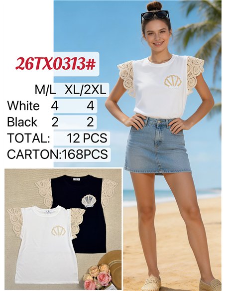 Top manga crochet concha bordada