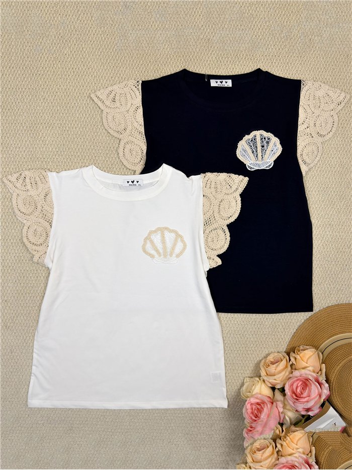 Top manga crochet concha bordada