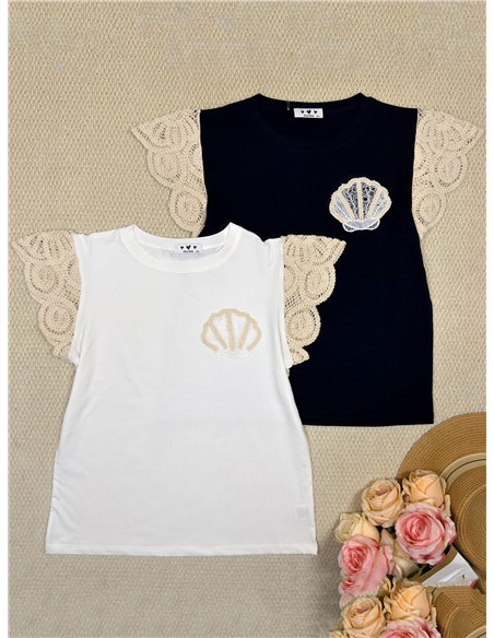 Top manga crochet concha bordada