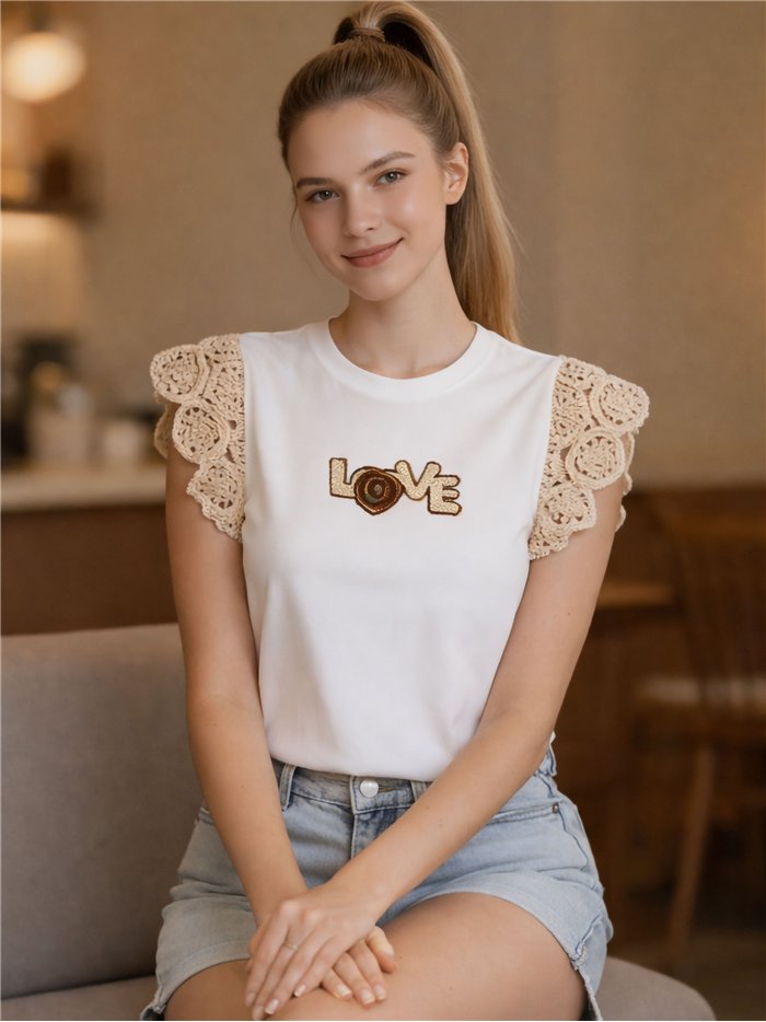 Top manga crochet love bordado