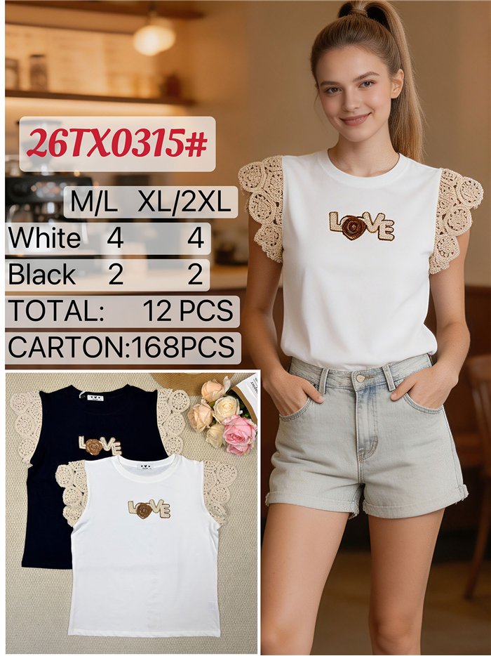 Top manga crochet love bordado