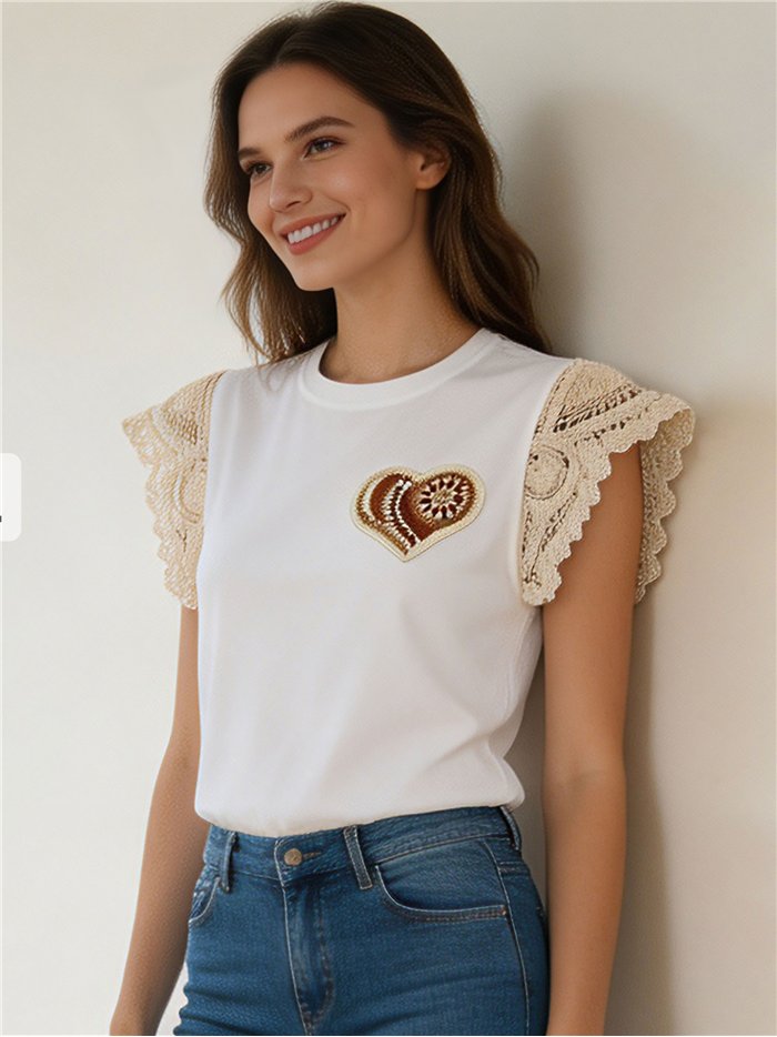 Top manga crochet corazón bordado