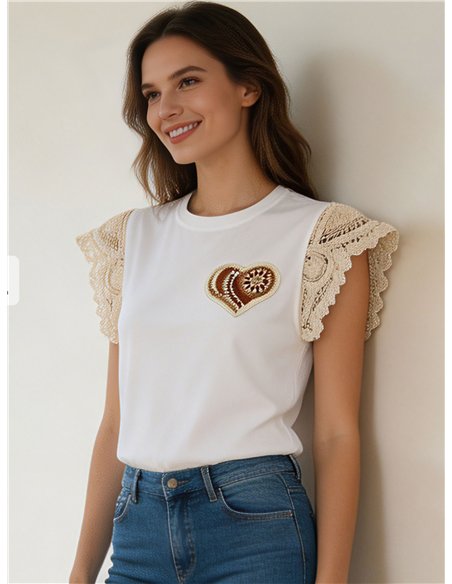 Top manga crochet corazón bordado