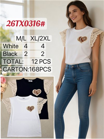 Top manga crochet corazón bordado 2