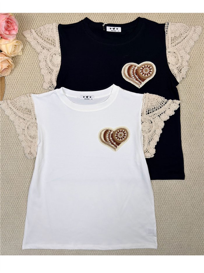 Top manga crochet corazón bordado