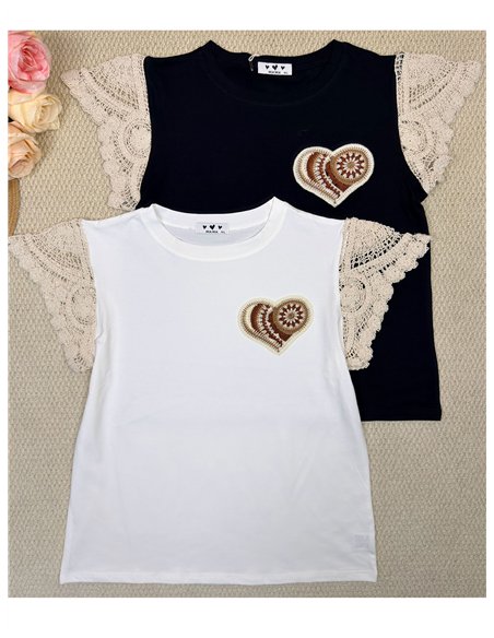 Top manga crochet corazón bordado