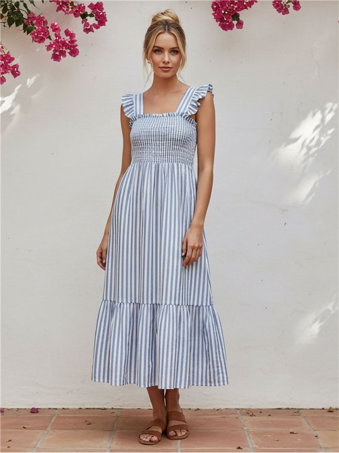 Vestido largo de rayas fruncido
