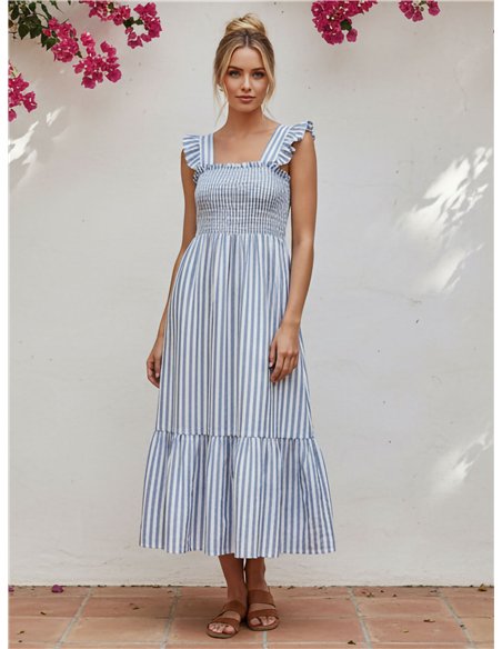 Vestido largo de rayas fruncido