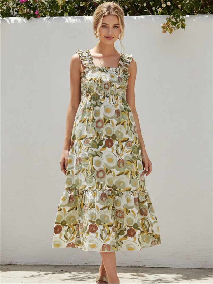 Abito lungo con stampa floreale ad acquerello