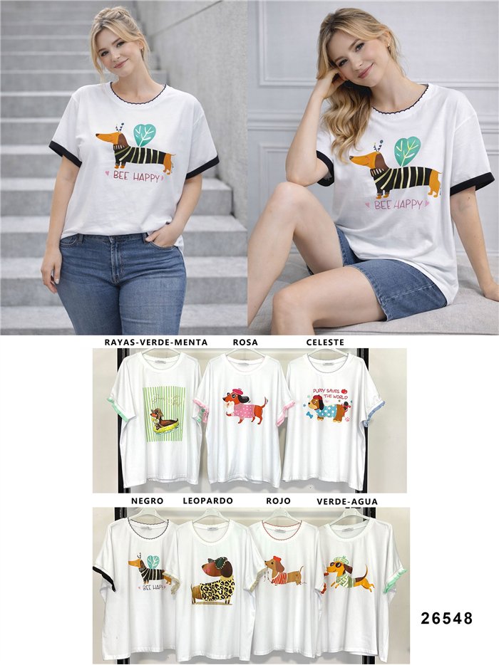 Camiseta amplia perro salchicha con ribete