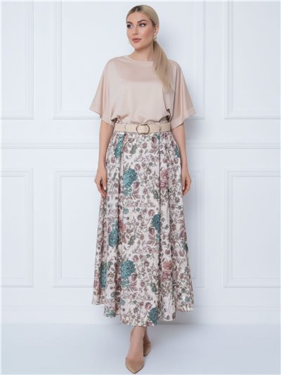 Falda midi floral con cinturón