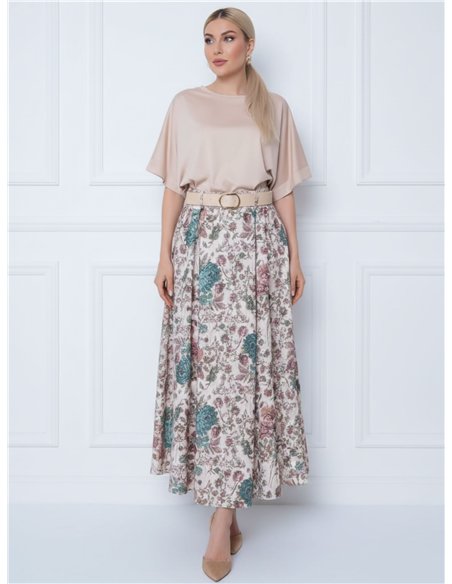 Falda midi floral con cinturón