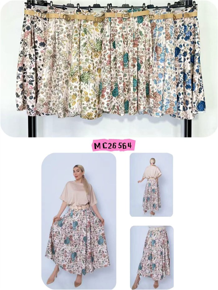 Falda midi floral con cinturón