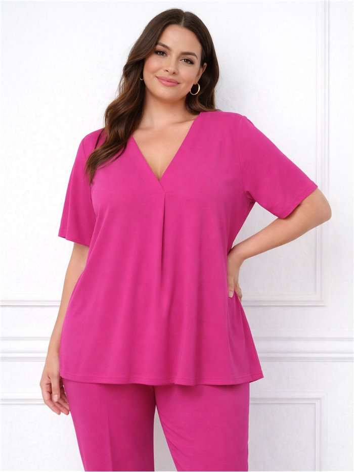 Camicetta in lycra con scollo a V, taglie forti.