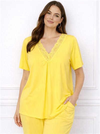 Blouse en lycra grande taille avec col en V et détails en dentelle.