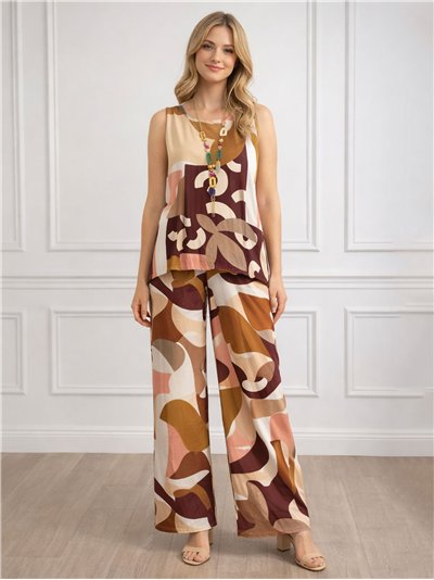 Conjunto lycra blusa estampada abstracto con collar y pantalón