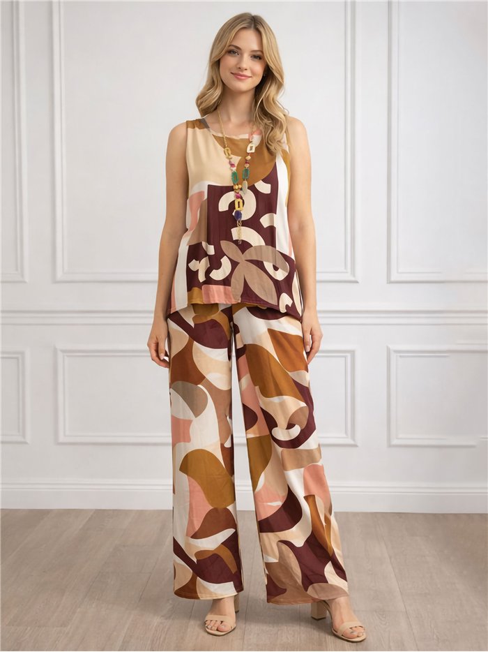 Conjunto lycra blusa estampada abstracto con collar y pantalón