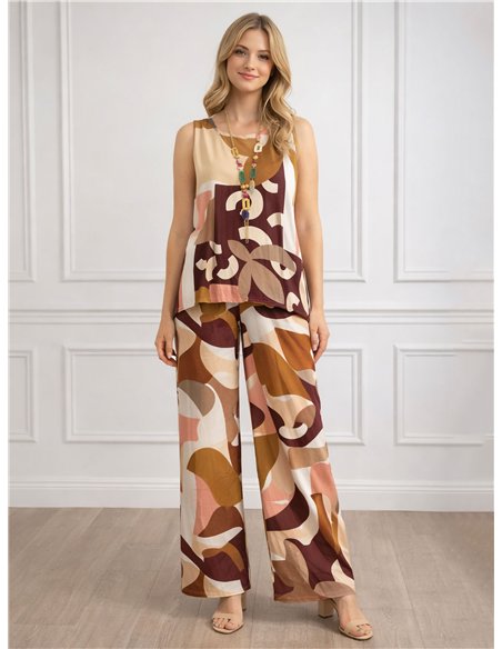 Conjunto lycra blusa estampada abstracto con collar y pantalón