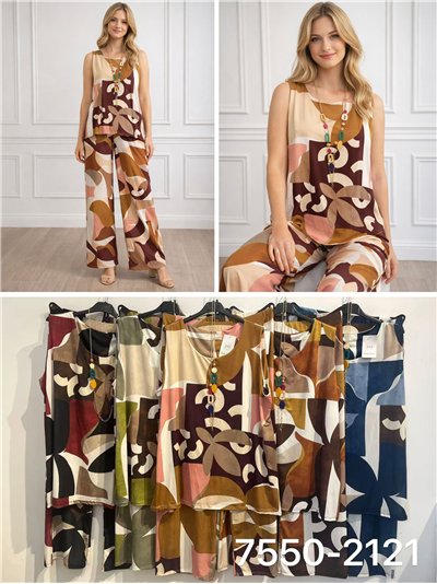 Conjunto lycra blusa estampada abstracto con collar y pantalón 2