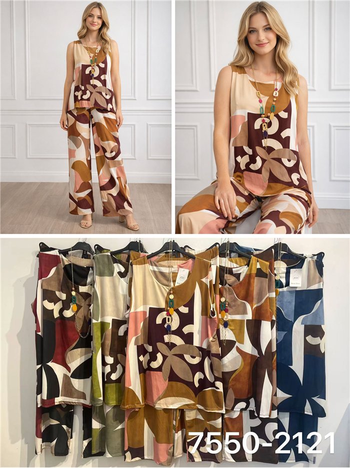 Conjunto lycra blusa estampada abstracto con collar y pantalón