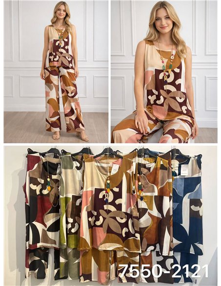 Conjunto lycra blusa estampada abstracto con collar y pantalón