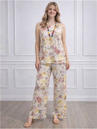 Ensemble en lycra : chemisier à imprimé floral avec collier et pantalon