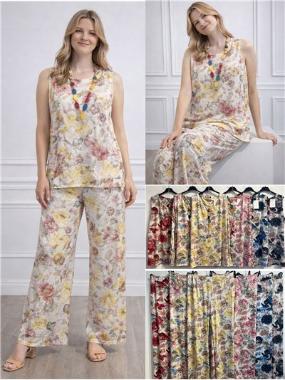 Ensemble en lycra : chemisier à imprimé floral avec collier et pantalon 2