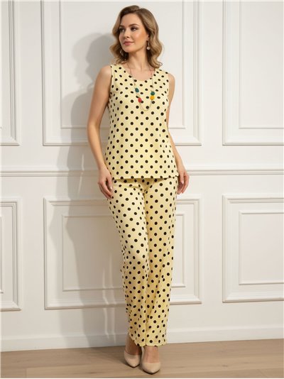 Lycra-Set: Bluse mit Polka-Dot-Muster, passende Halskette und Hose