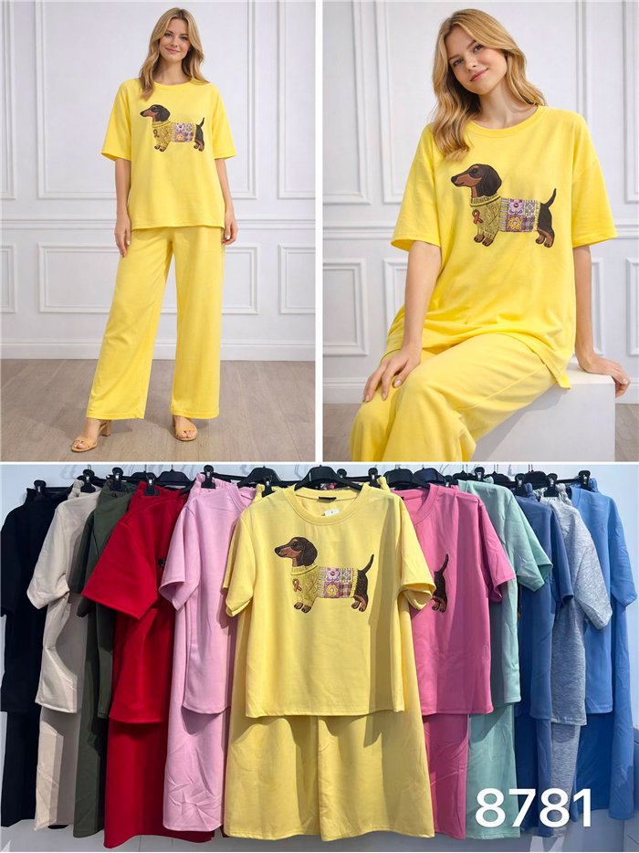 Conjunto sudadera talla grande perro salchicha y pantalón