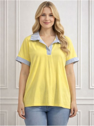Camiseta canalé cuello polo a rayas talla grande
