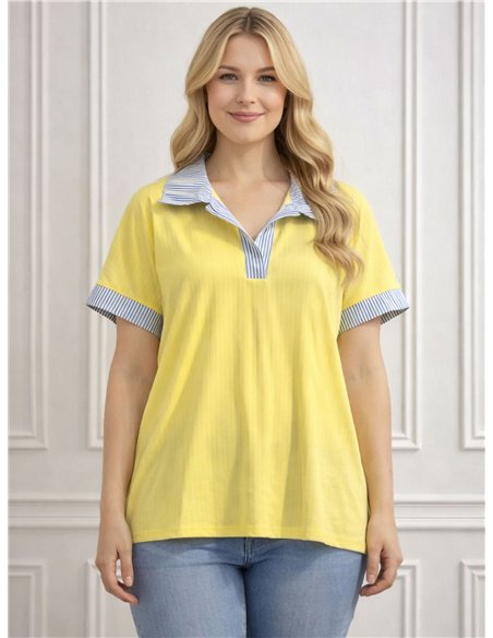 Camiseta canalé cuello polo a rayas talla grande